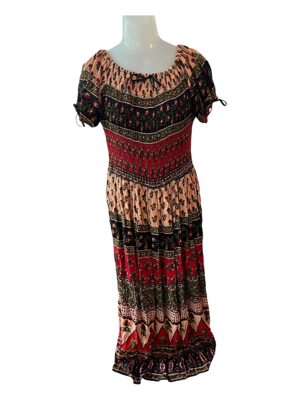 Siddhartha Anthropologie Bohemian Smocked Maxi Dress in Red & Beige size M